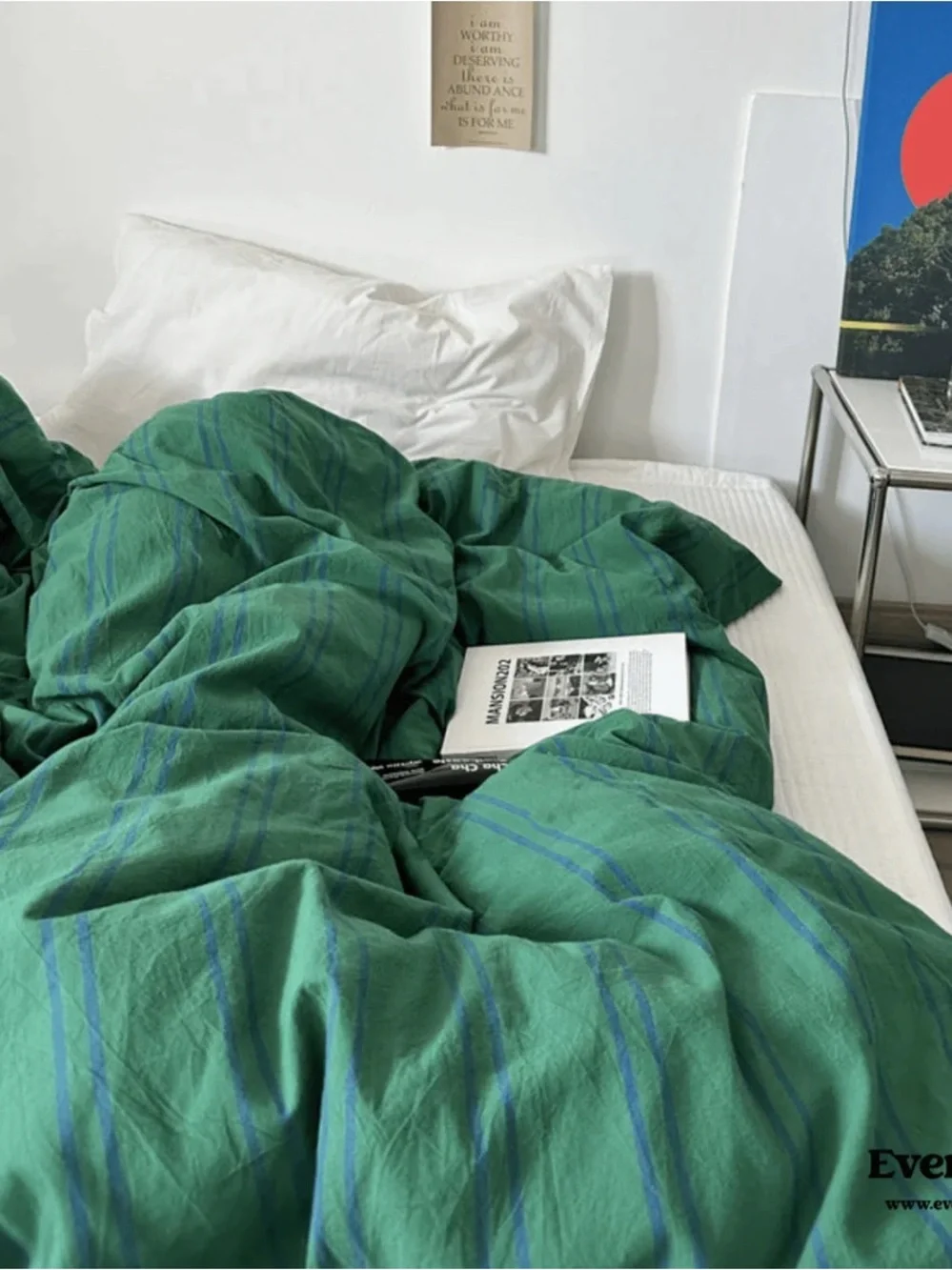 Everlasting WASHED COTTON STRIPED DUVET COVER FOREST GREEN Queen